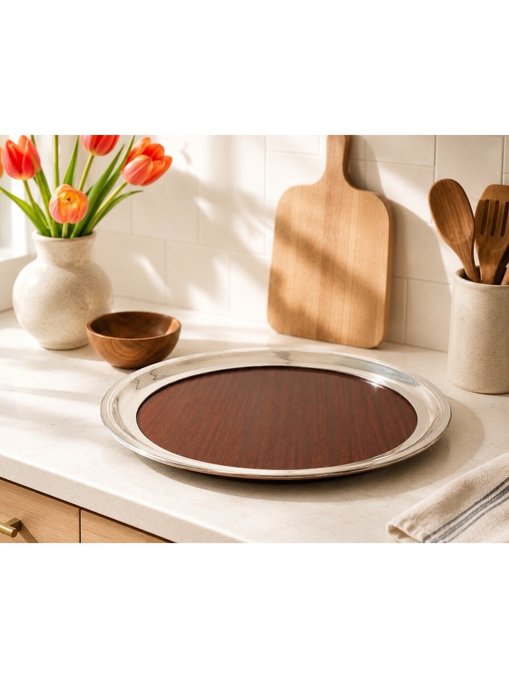 Crescent 1960s Silver Plate Tray Formica Woodgrain Laminate, 12”